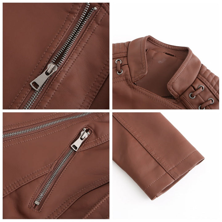 Dam vintage bikerjacka med snygga dragkedjor och klassisk krage, elegant Elizabeth-modell.