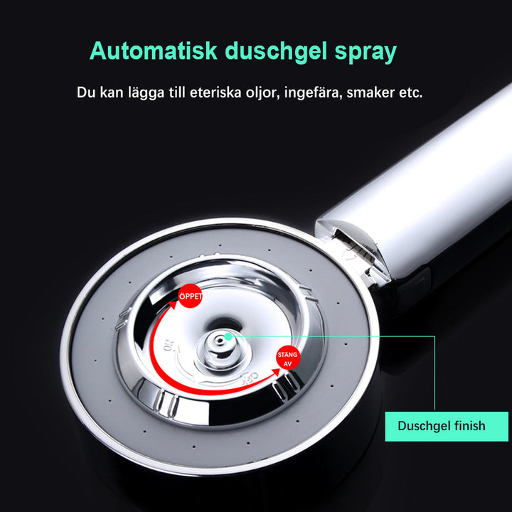 "Elegant ergonomiskt duschmunstycke i silver, justerbar stråle, sparar vatten och moderniserar badrummet."