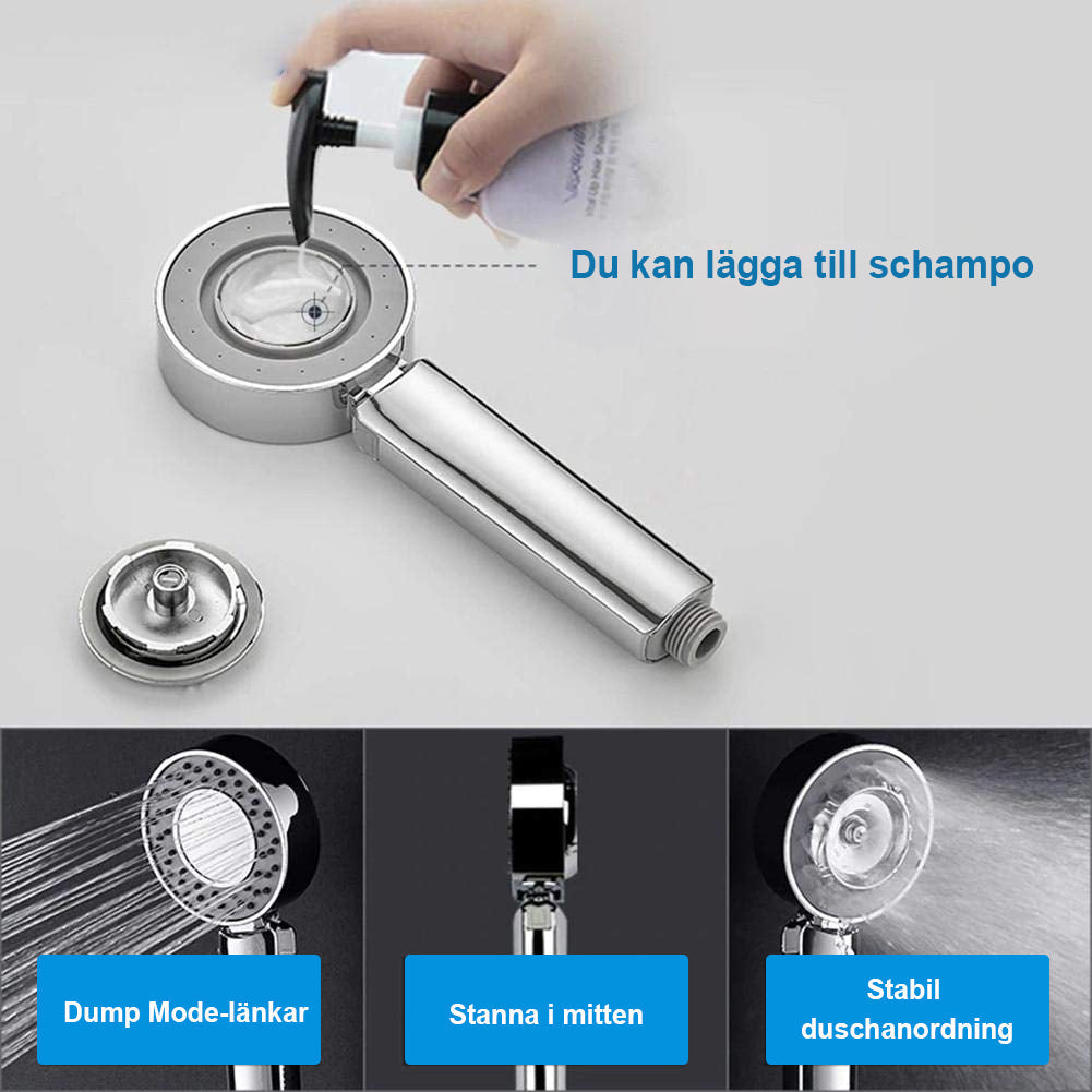 "Elegant ergonomiskt duschmunstycke i silver, justerbar stråle, sparar vatten och moderniserar badrummet."