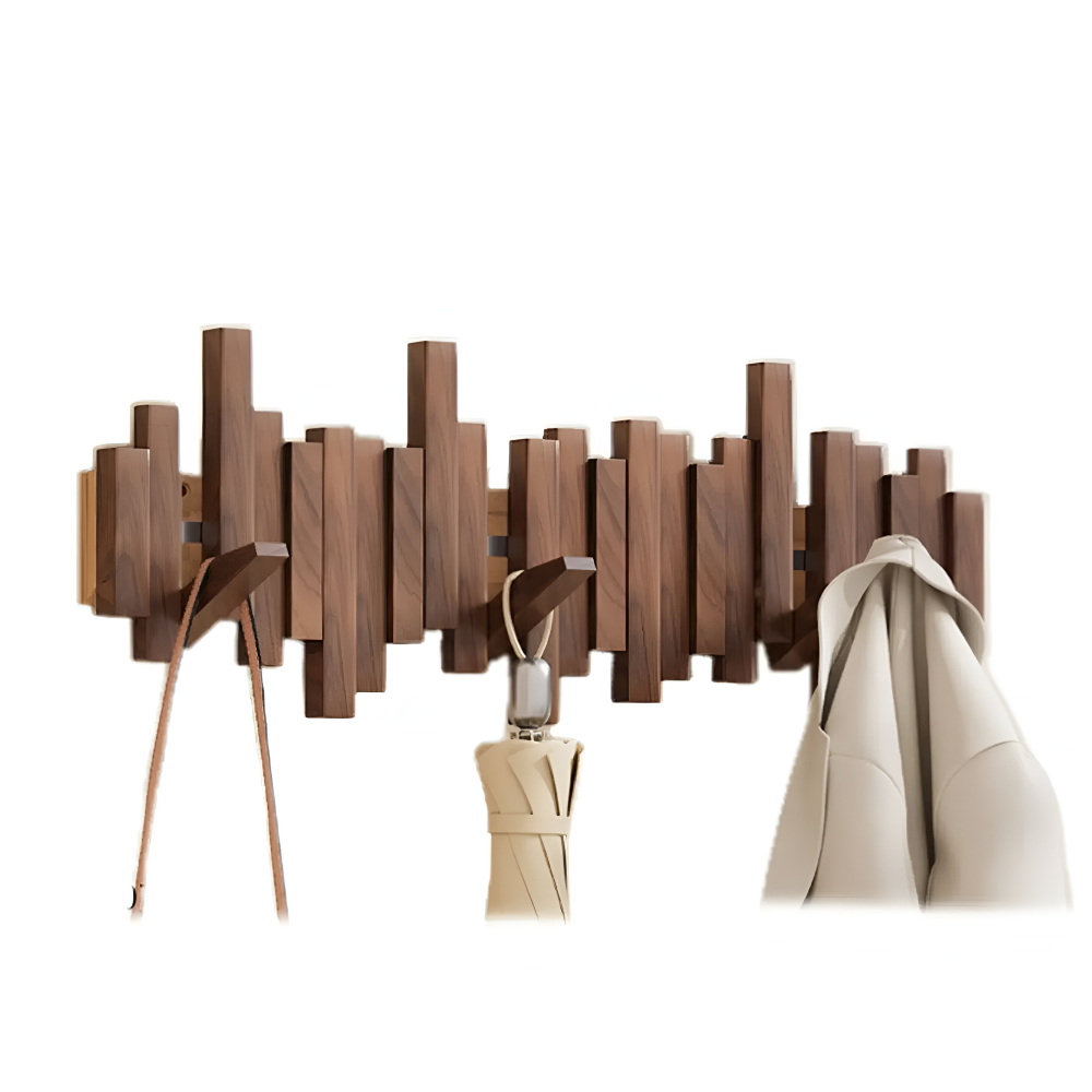 Elegant, modern klädhängare i trä. Magnetisk väggmonterad design med fällbara krokar för stilren hall.