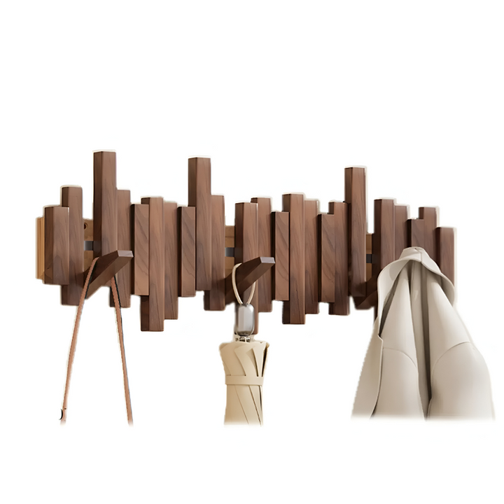 Elegant, modern klädhängare i trä. Magnetisk väggmonterad design med fällbara krokar för stilren hall.