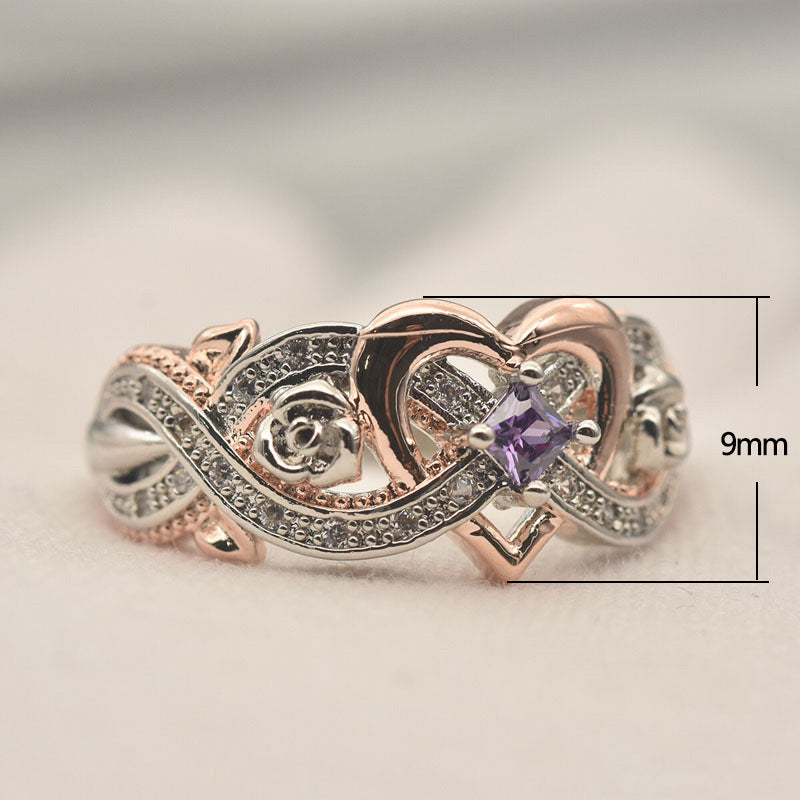 "Elegant februari ametyst ring i silver för kvinnor, handgjord, detaljrik design med hjärta och oändlighetsband."
