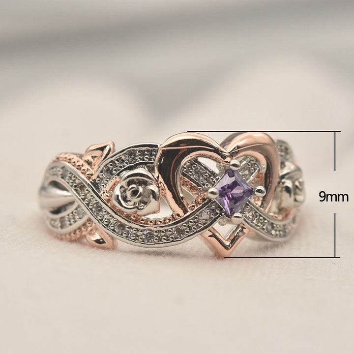 "Elegant februari ametyst ring i silver för kvinnor, handgjord, detaljrik design med hjärta och oändlighetsband."