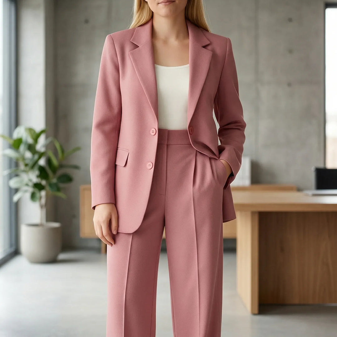Elegant figursydd damkostym Zoe i beige, perfekt för både kontor och fest. Tvådelad med kavaj & byxor.