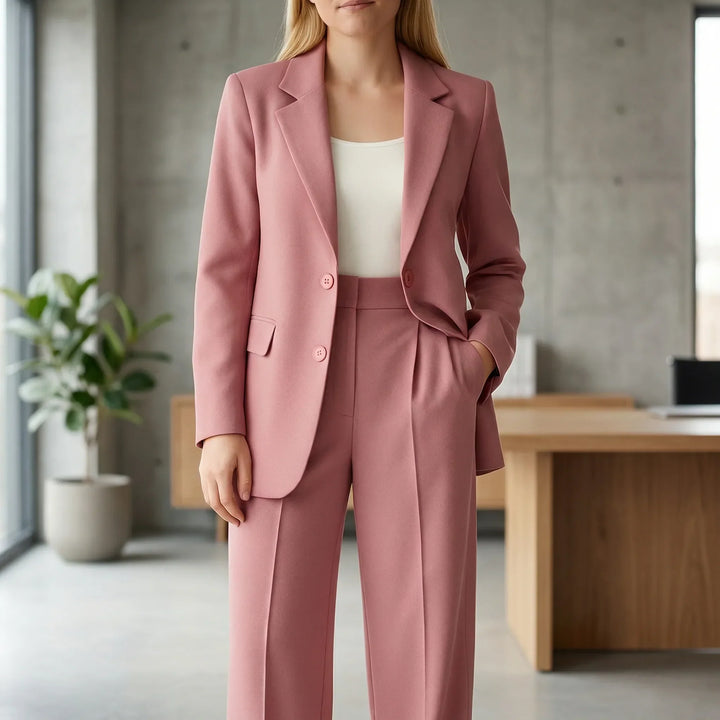 Elegant figursydd damkostym Zoe i beige, perfekt för både kontor och fest. Tvådelad med kavaj & byxor.