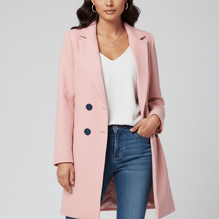 Mångsidig figursydd lång damkappa, Kiara, ett elegant ytterplagg som passar kontor, fest och vardag.