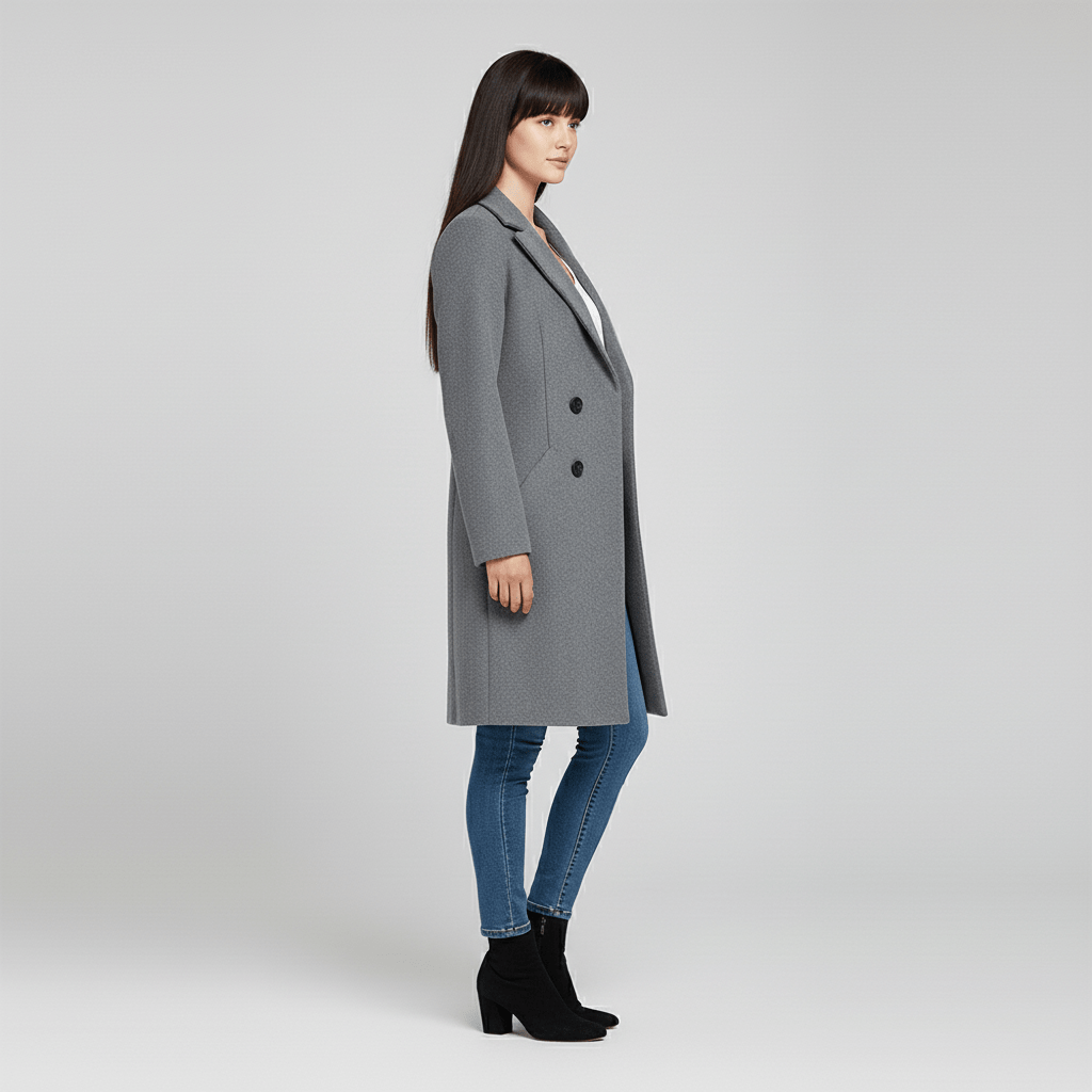 Damkappa med figursydd passform i lång modell, Kiara, visar elegant siluett i sidovy.