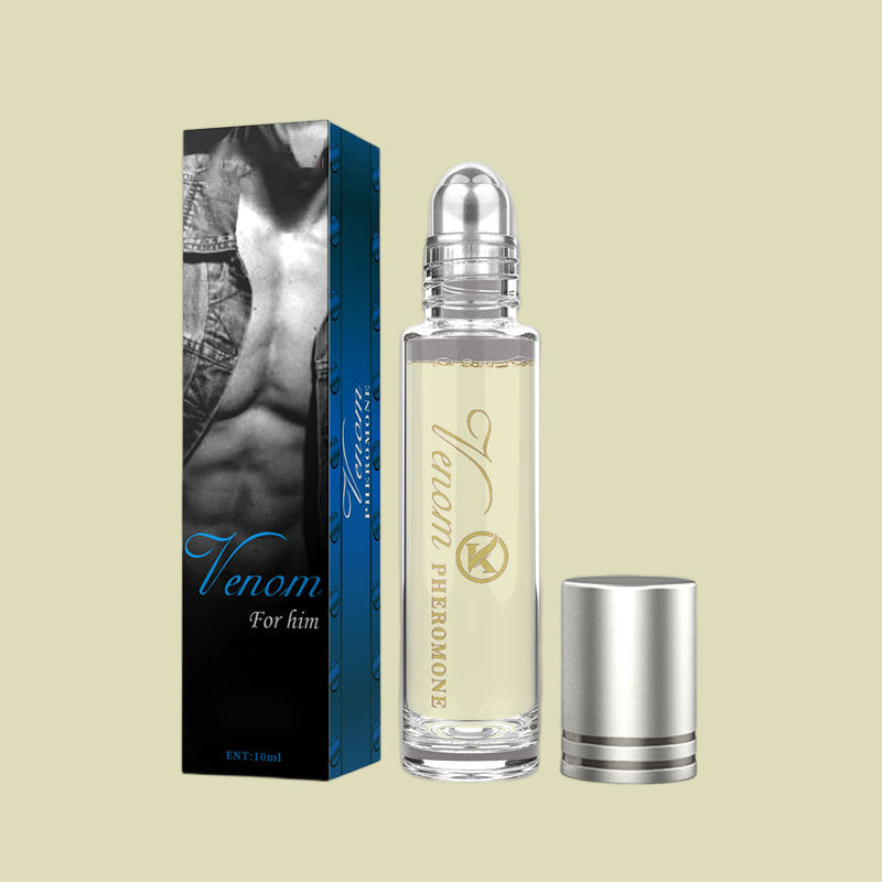 "Elegant flaska med rosa/guld toner, 10ml feromonparfym för män och kvinnor, förstärker naturlig attraktion."