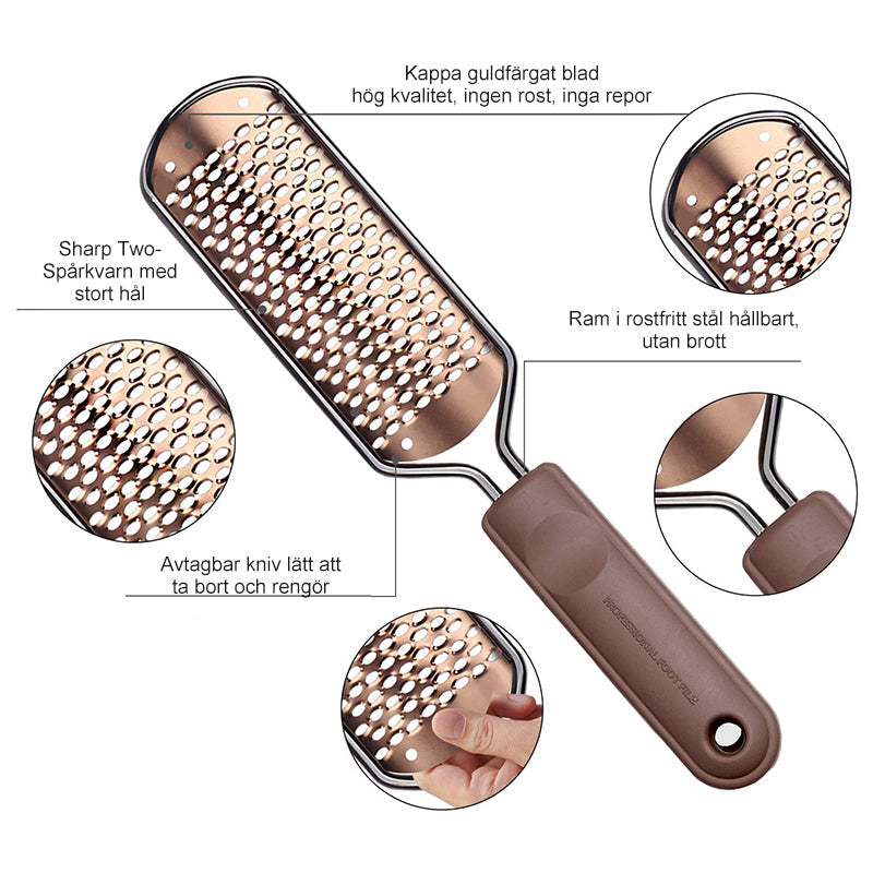 "Elegant fotfil i rostfritt stål för silkeslena fötter, med vågig mönsteryta och ergonomiskt plastgrepp."