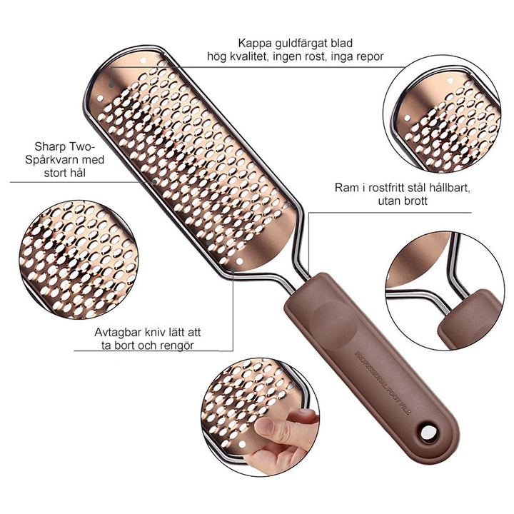 "Elegant fotfil i rostfritt stål för silkeslena fötter, med vågig mönsteryta och ergonomiskt plastgrepp."