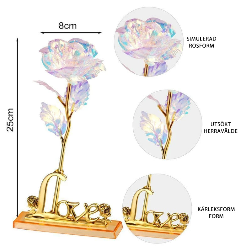 Dekorativ Galaxy Rose i 24k guldplätering med glittrande blad och holografiskt sken, perfekt för lyxig hemdekor.