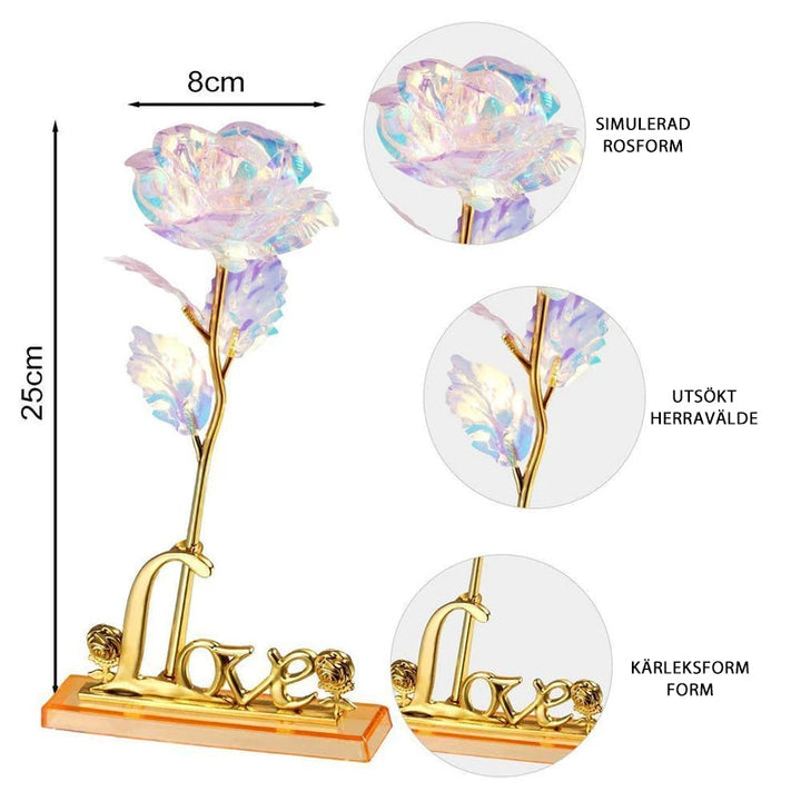 Dekorativ Galaxy Rose i 24k guldplätering med glittrande blad och holografiskt sken, perfekt för lyxig hemdekor.