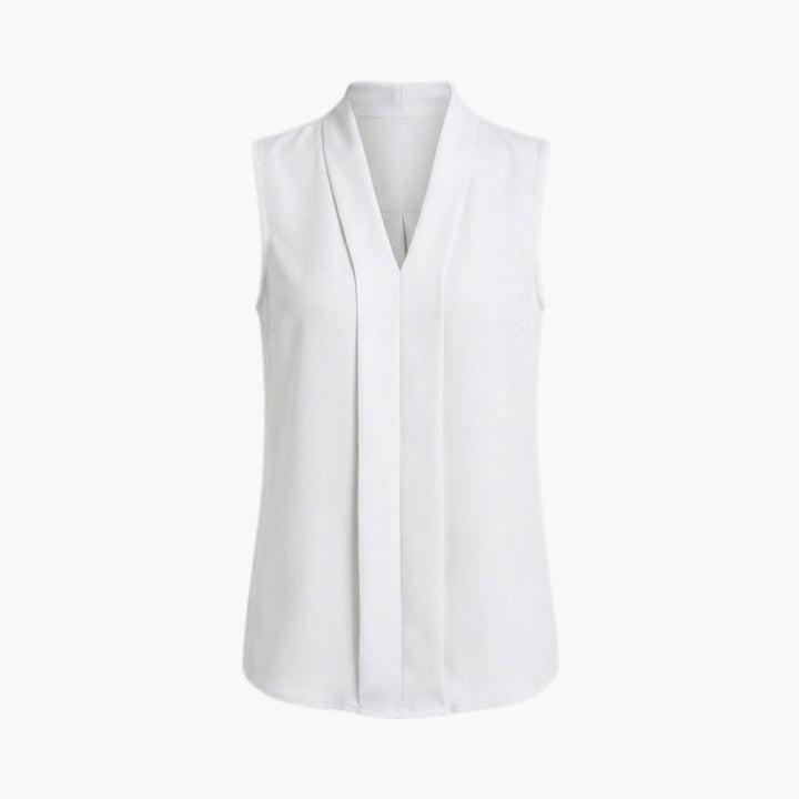 Elegant sommar damtopp i vit, ärmlös med V-ringning & chic veckad front. Bekväm blus för alla tillfällen.