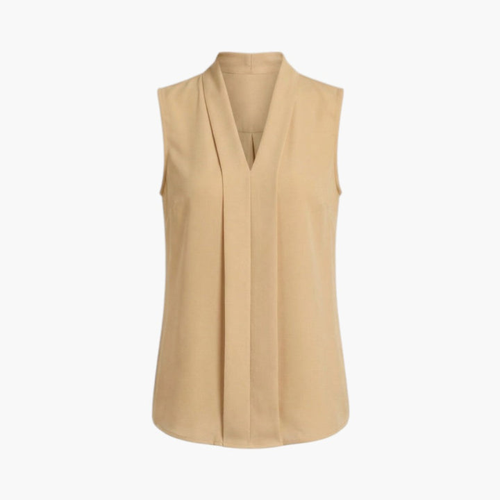 Trendig gul ärmlös damtopp med elegant V-ringning och stilfull veckad front. En modern blus för sommarstilen.