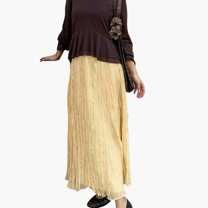 Gul lång veckad maxikjol för kvinnor. A-linje modell med bekväm elastisk midja, mångsidig vardag & festkjol.