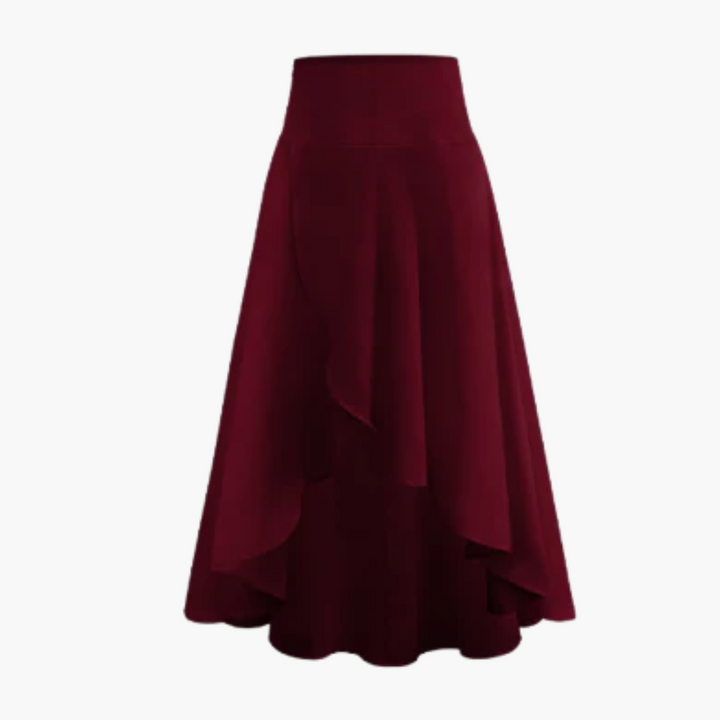 Elegant högmidjad midikjol för kvinnor med trendig lagerdesign, perfekt för både vardag och fest. A-linjeformad.