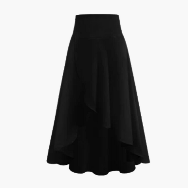 Modeinriktad damkjol, elegant och högmidjad midikjol i A-linje med unik lagerdetalj. Mångsidig kvinnokläder.