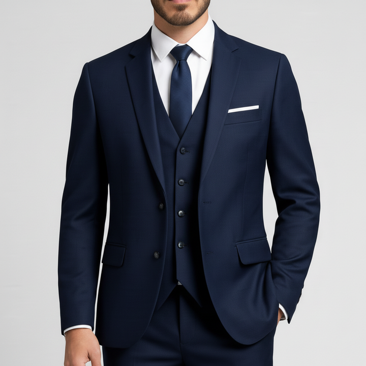 Exklusiv herr kostym med väst, kavaj & byxor, elegant outfit för bröllop.