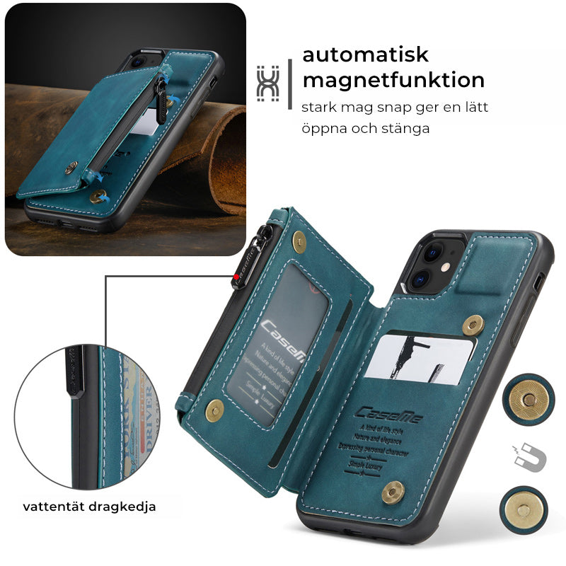 "Elegant herr flip fodral i svart PU-läder med korthållare, telefonstativ, skyddar telefon, sofistikerad design"