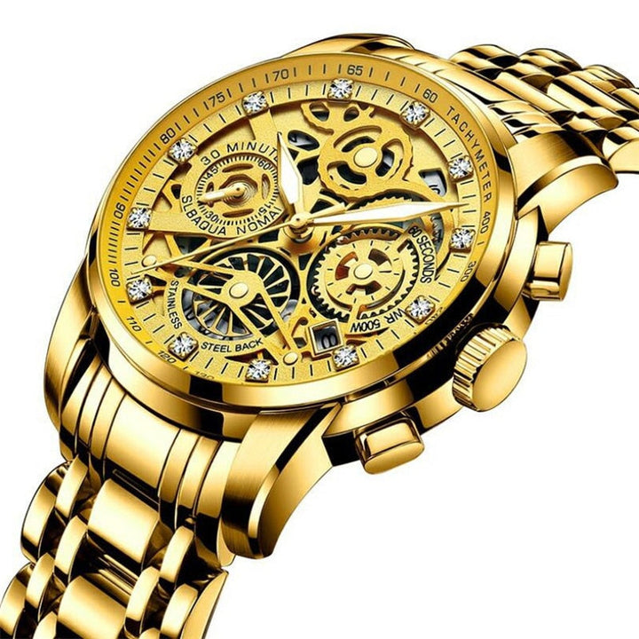 Skelettur för män med mekaniskt armbandsur, visande komplexa kugghjul.
