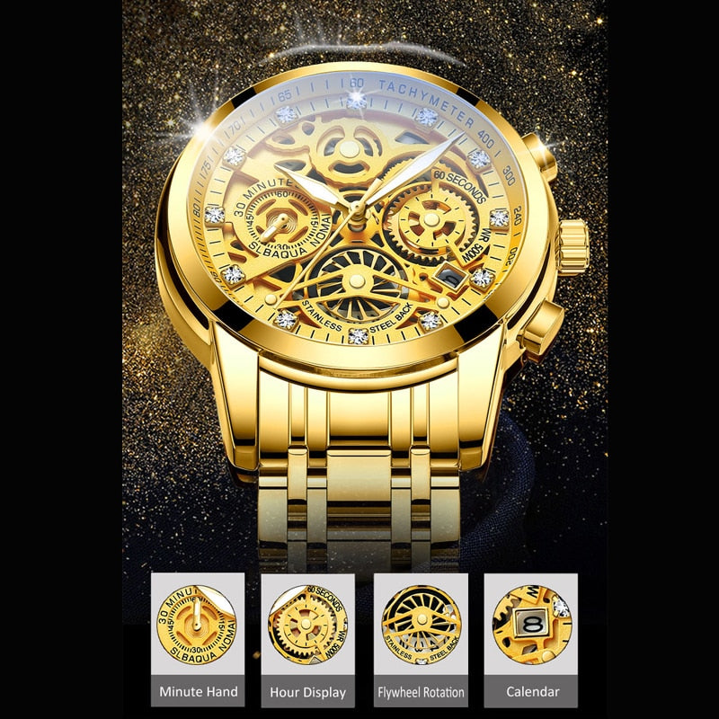Silverfärgad mekanisk herrklocka med synligt skelettur, perfekt present.
