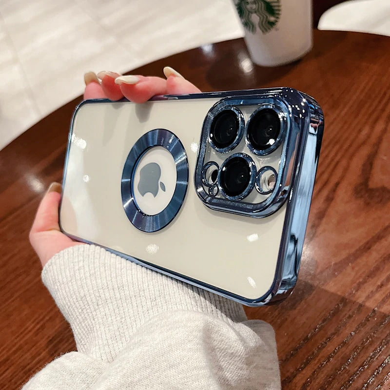 "Elegant iPhone-skal med metallring, elektropaterad ram för lyxigt utseende, säker och stilfull funktionalitet"