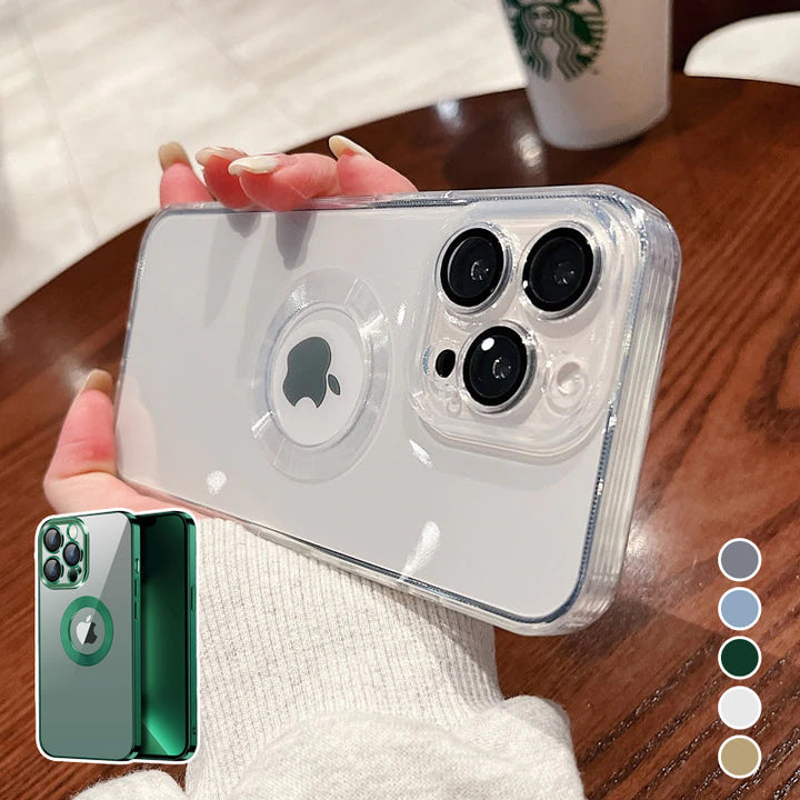 "Elegant iPhone-skal med metallring, elektropaterad ram för lyxigt utseende, säker och stilfull funktionalitet"