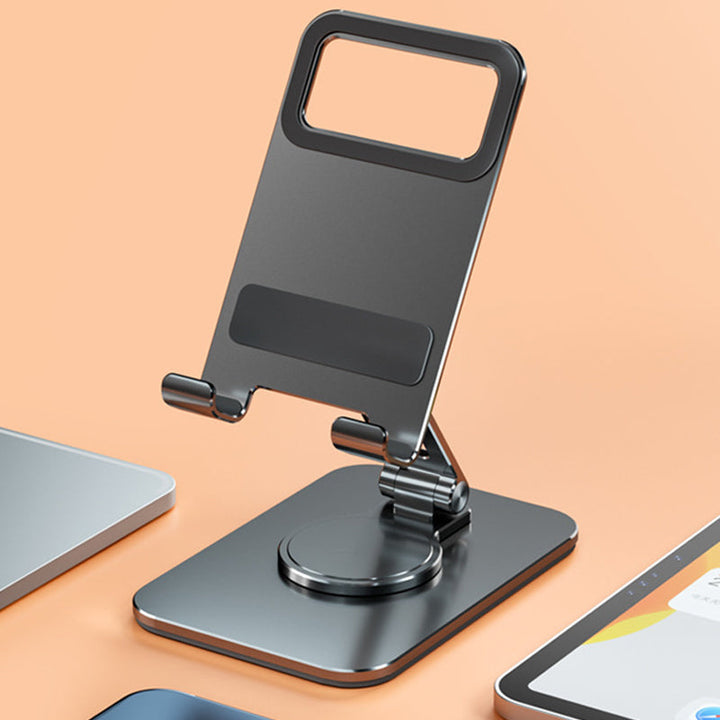 "Elegant, justerbar 360° tablett- och mobilhållare i aluminium med silikonskydd, perfekt för hem- och kontorsmiljöer."