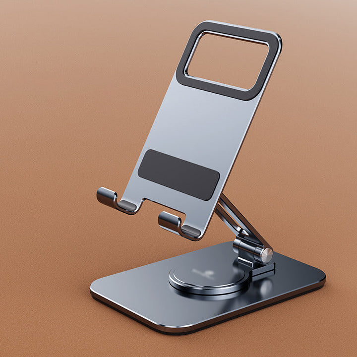 "Elegant, justerbar 360° tablett- och mobilhållare i aluminium med silikonskydd, perfekt för hem- och kontorsmiljöer."