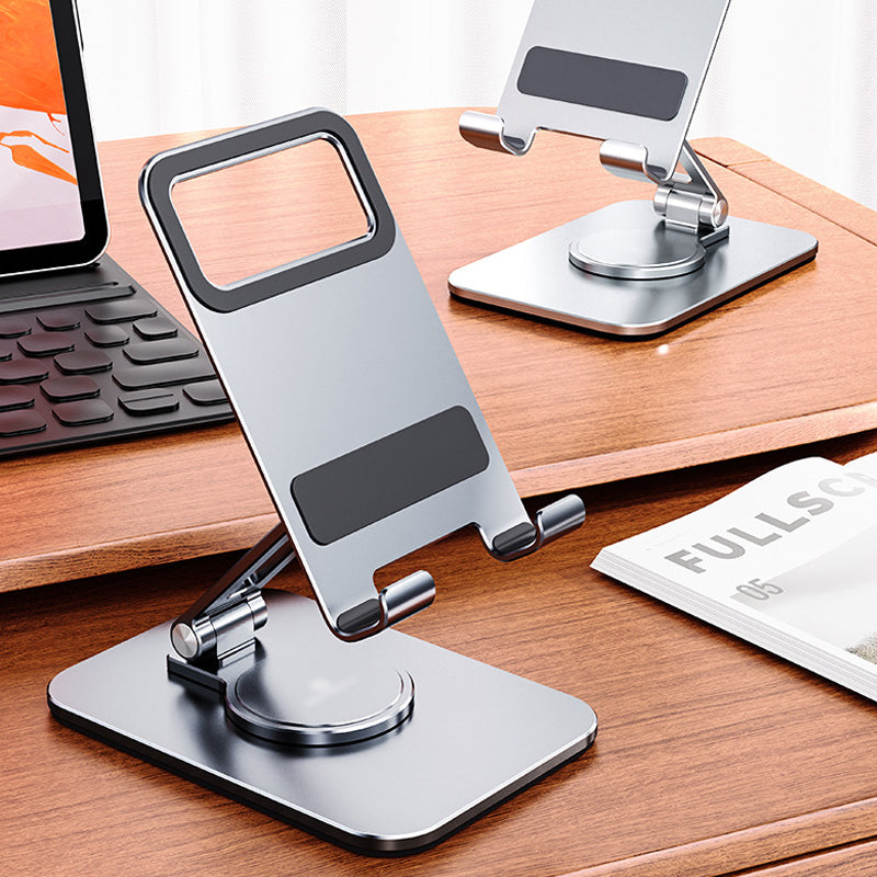 "Elegant, justerbar 360° tablett- och mobilhållare i aluminium med silikonskydd, perfekt för hem- och kontorsmiljöer."