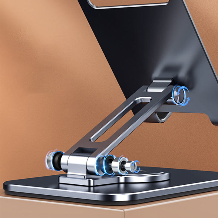 "Elegant, justerbar 360° tablett- och mobilhållare i aluminium med silikonskydd, perfekt för hem- och kontorsmiljöer."