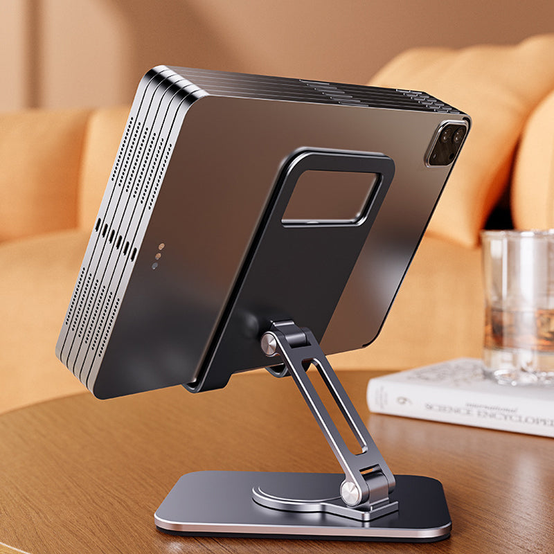 "Elegant, justerbar 360° tablett- och mobilhållare i aluminium med silikonskydd, perfekt för hem- och kontorsmiljöer."