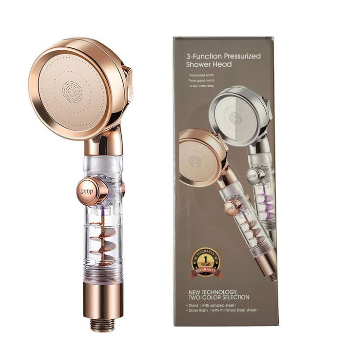 "Elegant justerbart duschmunstycke i guld/silver med högtrycksvattenbesparing och tre lägen för skräddarsydd duschupplevelse.