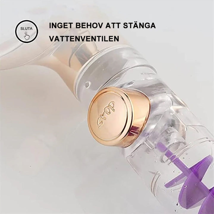 "Elegant justerbart duschmunstycke i guld/silver med högtrycksvattenbesparing och tre lägen för skräddarsydd duschupplevelse.