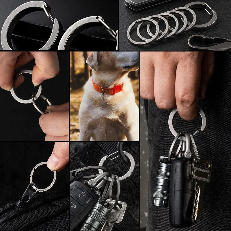 Elegant karbinhake nyckelring i silverfärgad metall, rostfritt stål; idealisk för mäns accessoarer, håller nycklar organiserade.