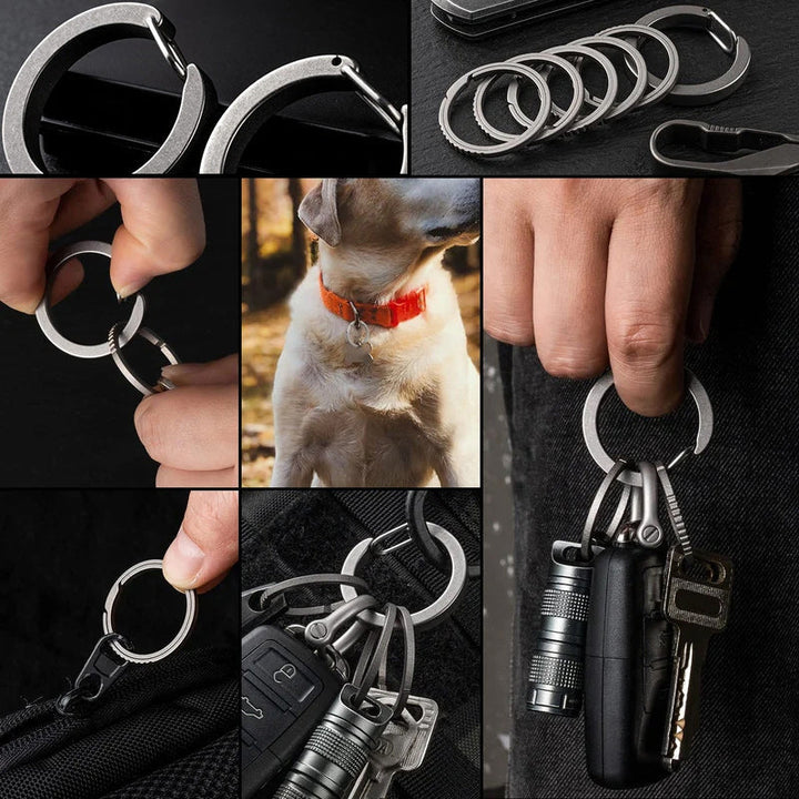 Elegant karbinhake nyckelring i silverfärgad metall, rostfritt stål; idealisk för mäns accessoarer, håller nycklar organiserade.