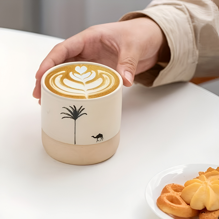 Närbild elegant keramikkopp med handmålat grönt palmönster, detalj på porslinet.