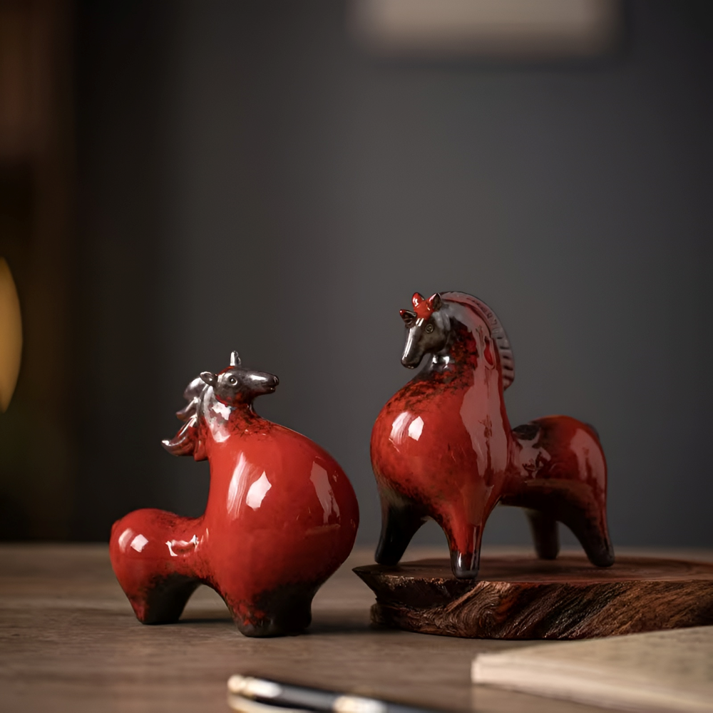 Inbjudande keramisk hästfigur, röd. Skapar rustik elegans i foajén eller vardagsrummet.