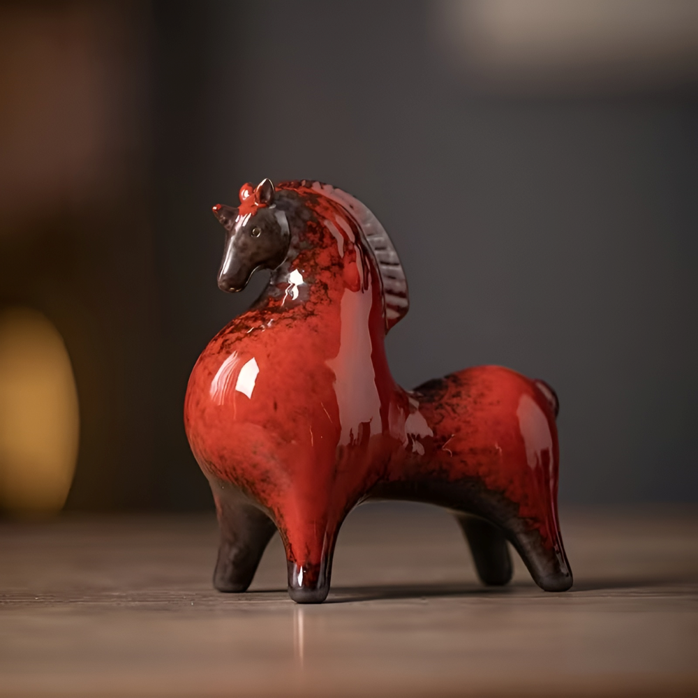 Eleganta keramikhästar, blå och röd figur. Perfekt heminredningsdekoration & accent.