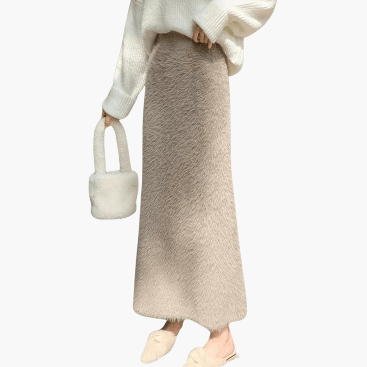 Elegant khaki högmidjad A-linje maxikjol för kvinnor, perfekt för vardag eller fest.