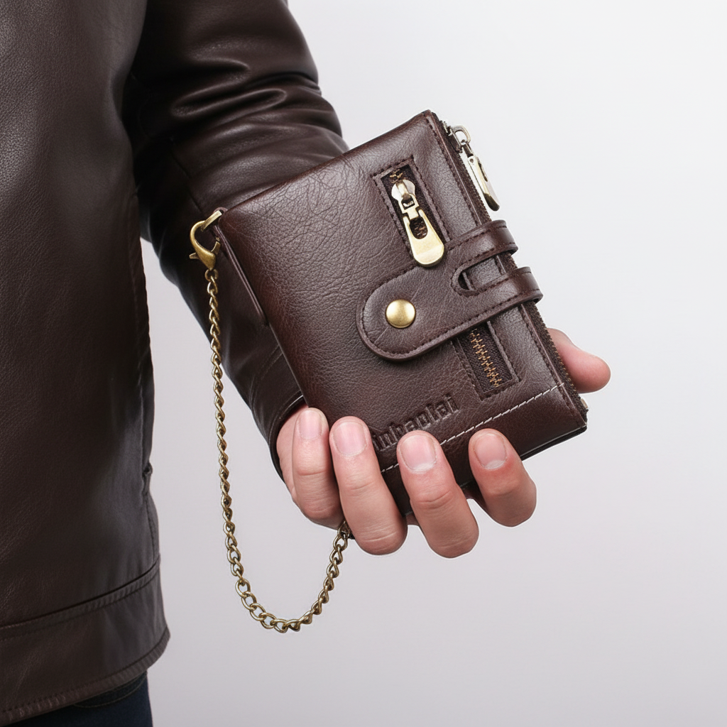 Mörkbrun damplånbok, kort modell i retrostil med säker kedja. Elegant accessoar.