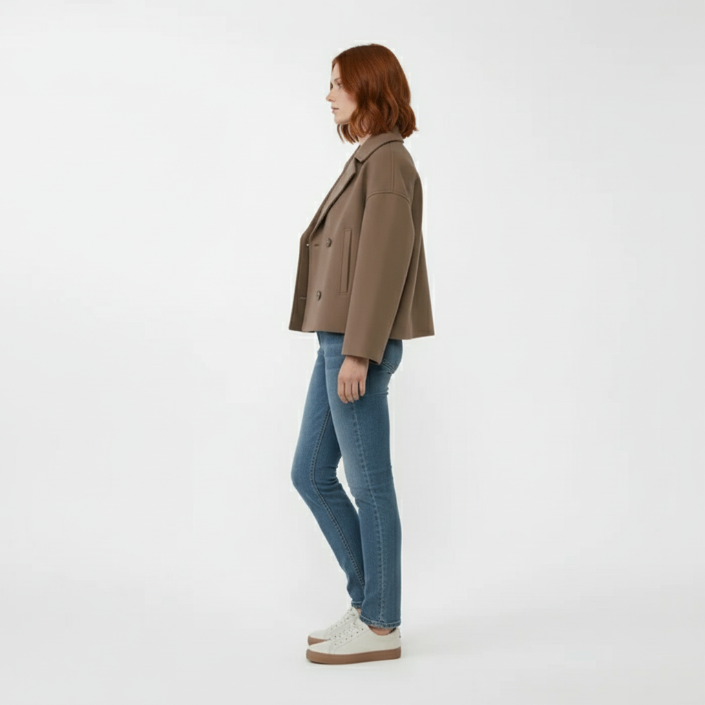 Kort, dubbelknäppt damjacka som blazer, ger en chic touch till din outfit.