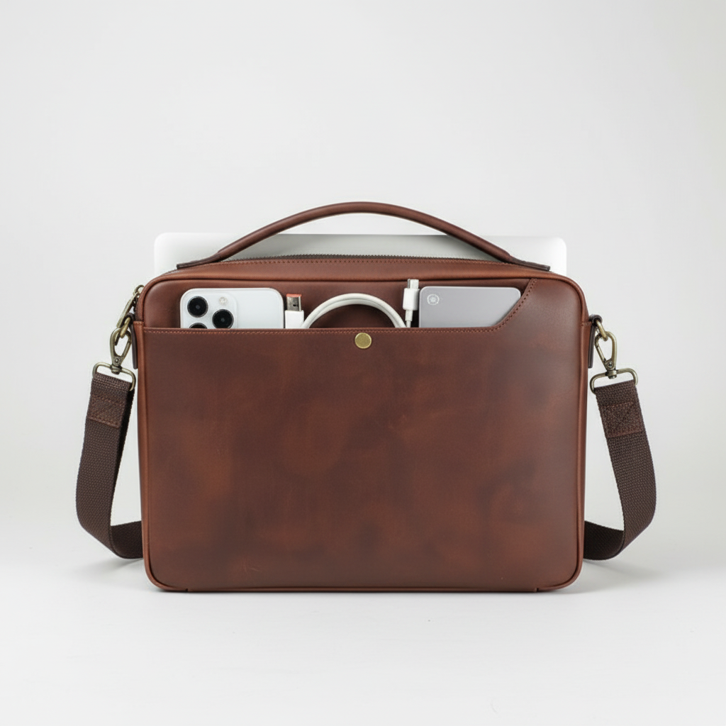 Unisex laptopväska i läder med avtagbar axelrem. Praktisk affärsväska för jobb och kontor, kompatibel med MacBook.