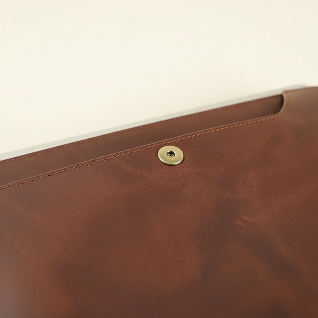 Professionell och slittålig portfölj i kaffebrunt läder för laptop. Elegant arbetsväska som skyddar din MacBook.