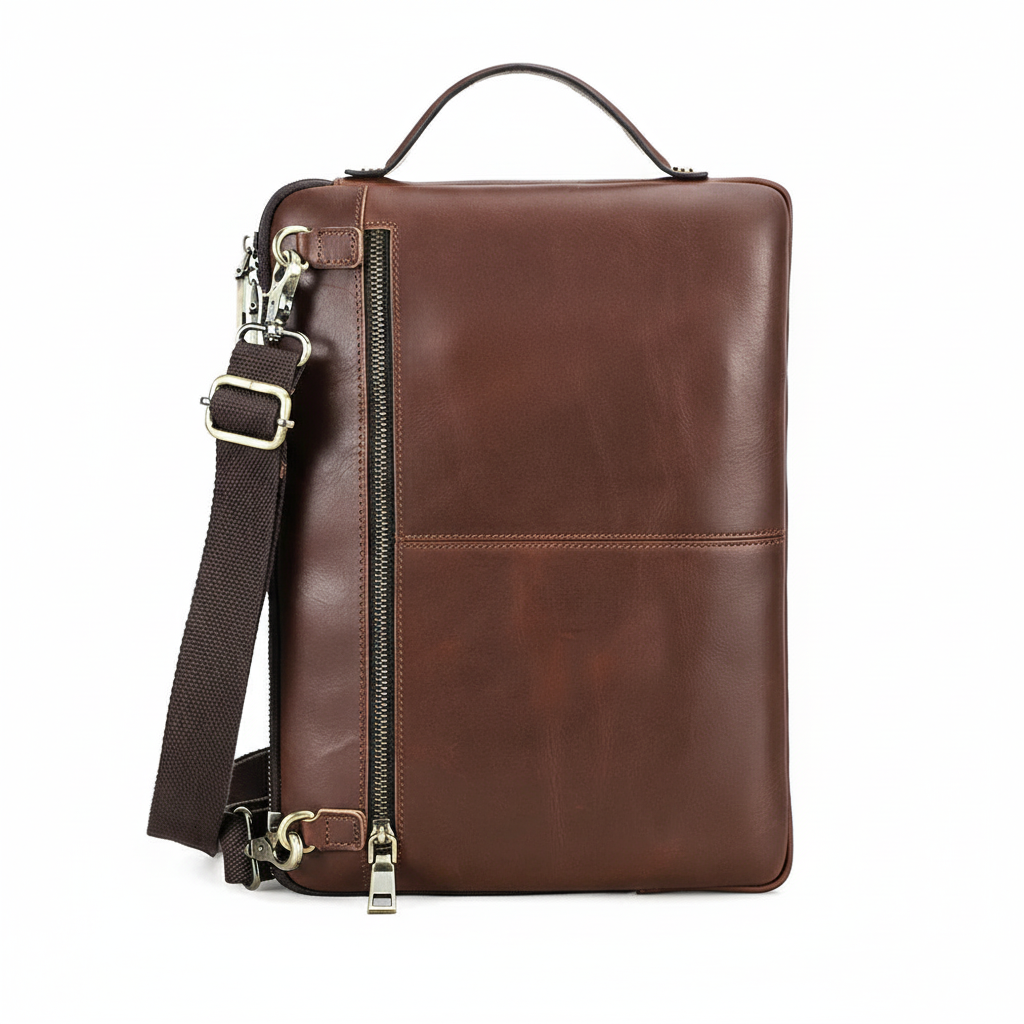 Mångsidig unisex laptopväska i läder. Robust och elegant axelväska, idealisk som portfölj för MacBook och arbete.