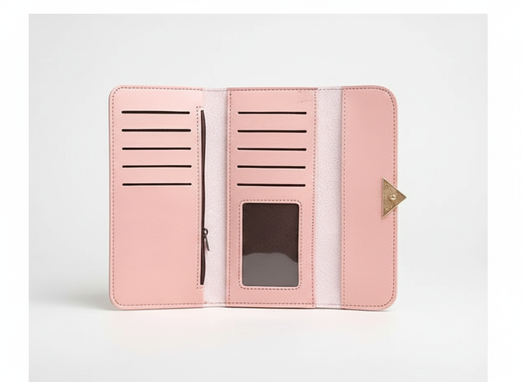 Lång damplånbok av PU-läder. Chic design med hjärtdekoration. Rymlig och elegant accessoar för kvinnor.
