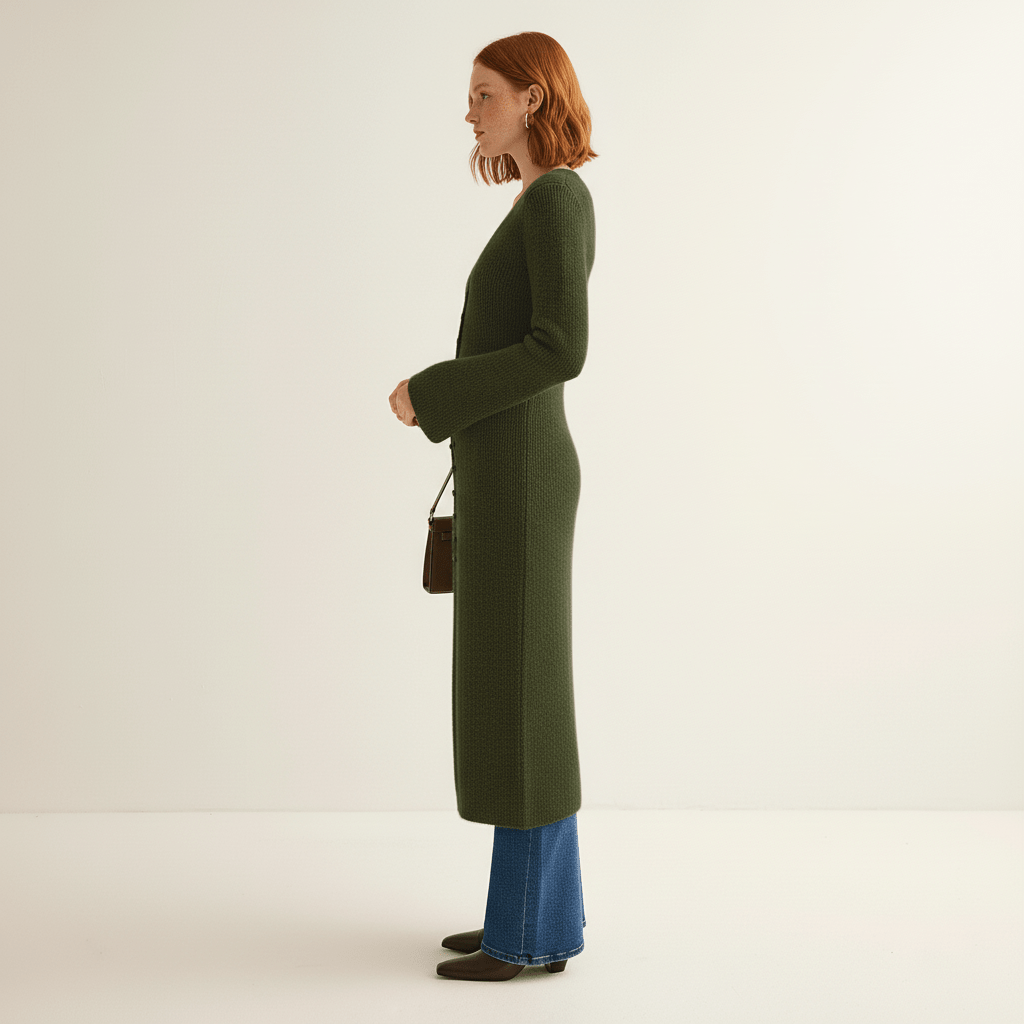 Elegant lagerpålager: Angelina långkofta damkofta med knappslå. Smickrande & bekväm för vardagsstil.
