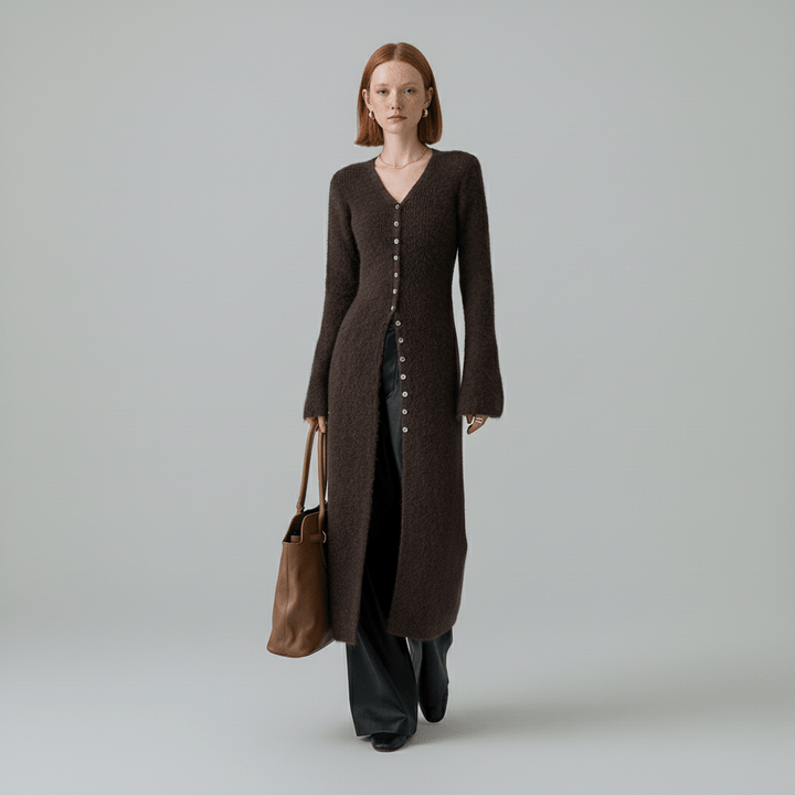 Vardagsstil damkofta, Angelina långkofta med knappslå. Bekväm, stretchig & elegant för kvinnors mode.