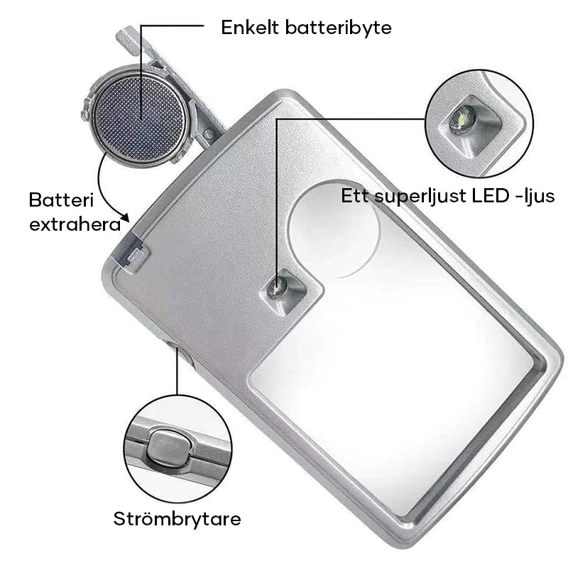 "Elegant LED förstoringskort med stark belysning och förstoring, idealisk för läsning och detaljarbete i svagt ljus."