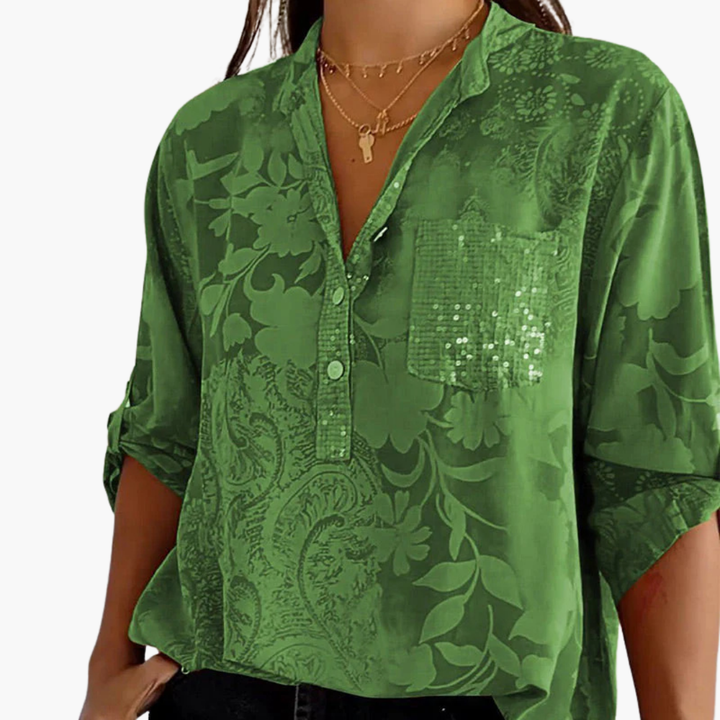 Dam blus med unikt mönster och elegant ståkrage, en bekväm vardagsblus med stretch.